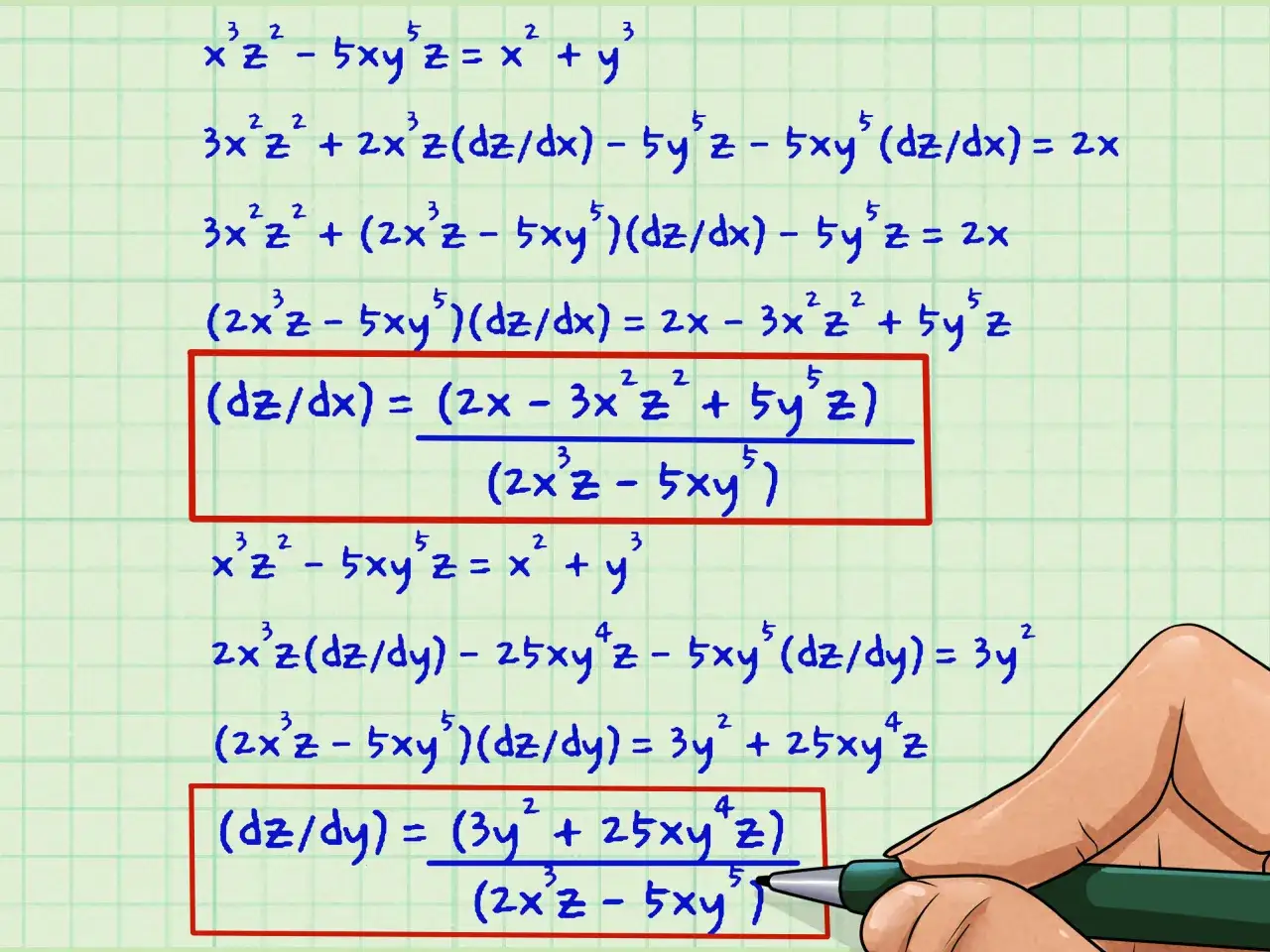 Ejercicios de derivaci&oacute;n impl&iacute;cita mostrando pasos para encontrar dz/dx y dz/dy.