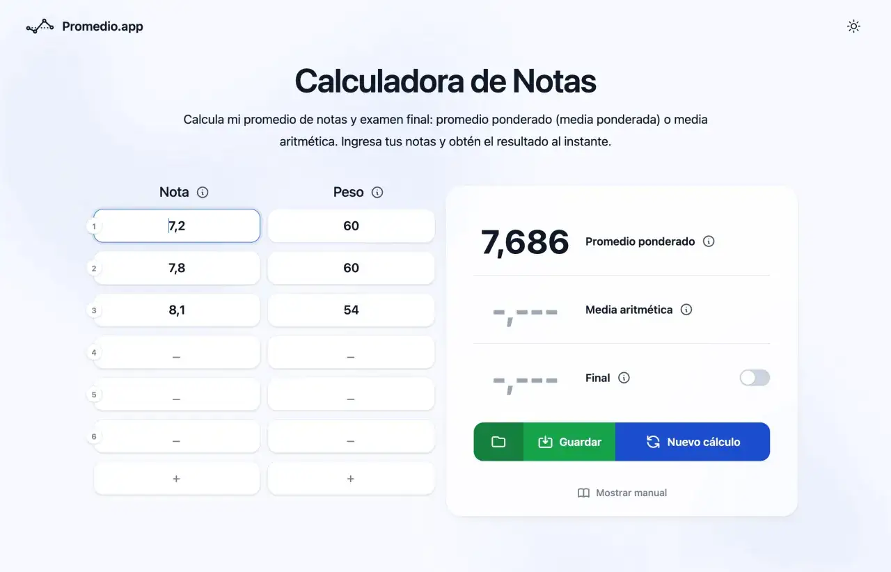 Calculadora de notas con ejemplos de media ponderada. Ingresa tus notas y pesos para obtener el promedio.