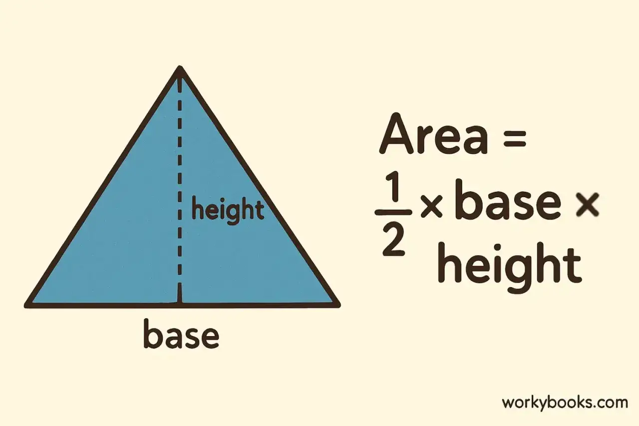 Tri&aacute;ngulo azul con base y altura marcadas. A su lado, la f&oacute;rmula del &aacute;rea del tri&aacute;ngulo: &Aacute;rea = 1/2 x base x altura.