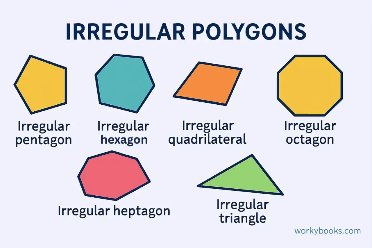 Ejemplos de un polígono irregular: pentágono, hexágono, cuadrilátero, octágono, heptágono y triángulo, cada uno con lados y ángulos desiguales.