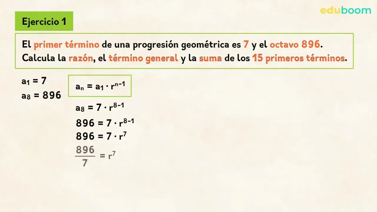 Ejercicio 1: Calcula la raz&oacute;n y la suma de los primeros 15 t&eacute;rminos de una progresi&oacute;n geom&eacute;trica con a1=7 y a8=896.