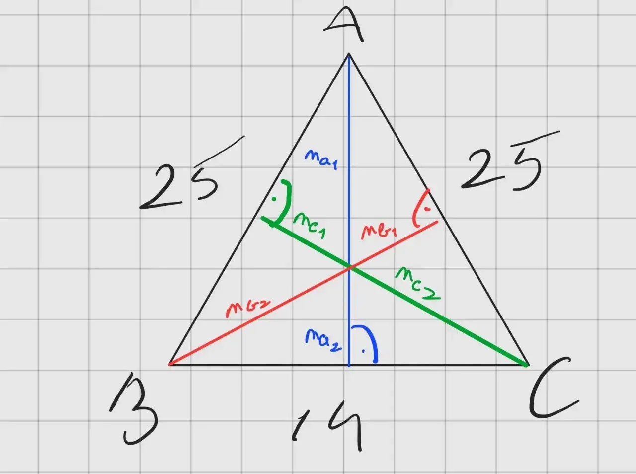 Tri&aacute;ngulo is&oacute;sceles con lados de 25 y base de 14. Se ilustra c&oacute;mo se calcula la altura de un tri&aacute;ngulo is&oacute;sceles usando el teorema de Pit&aacute;goras.