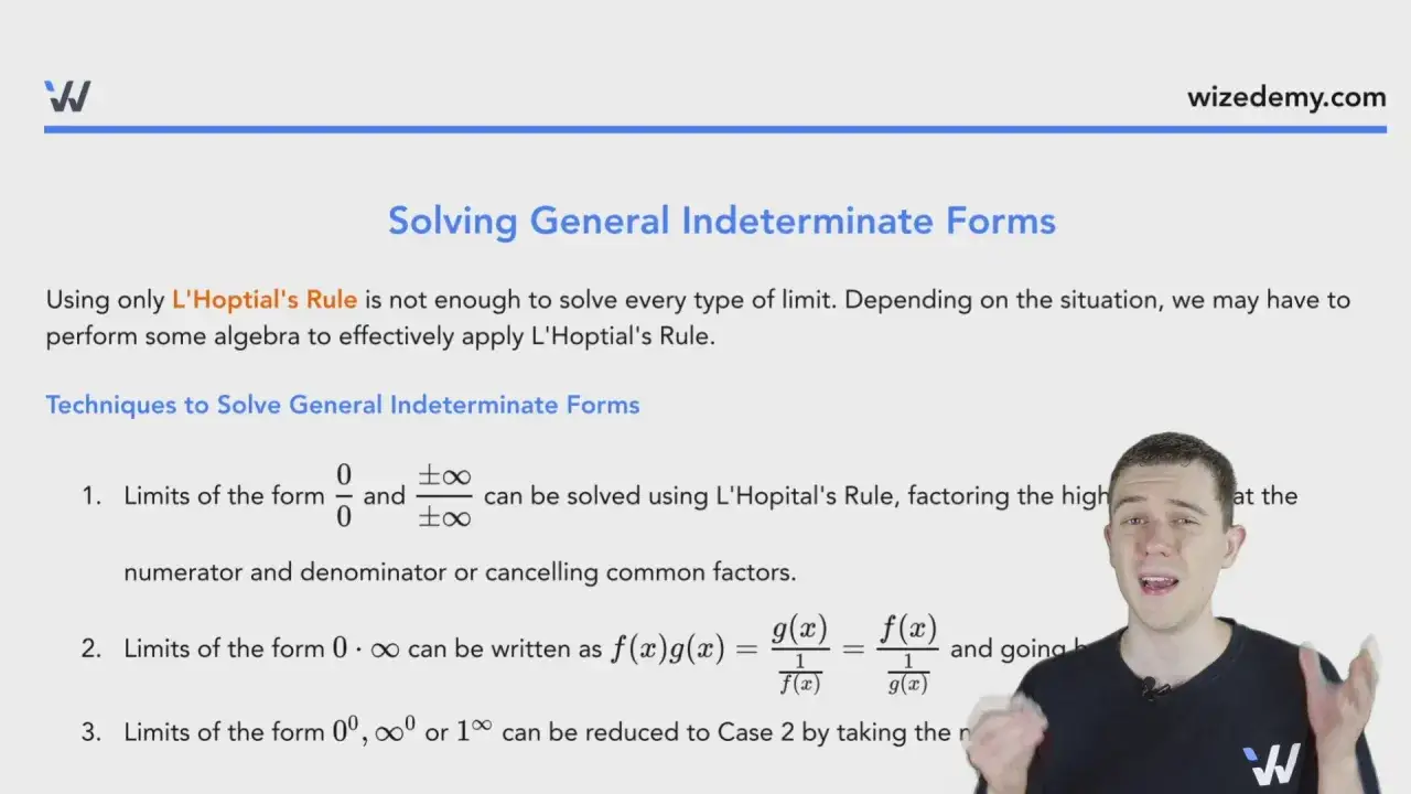 Un hombre explica t&eacute;cnicas para resolver indeterminaciones l&iacute;mites, como las formas 0/0 y &plusmn;&infin;/&plusmn;&infin;.