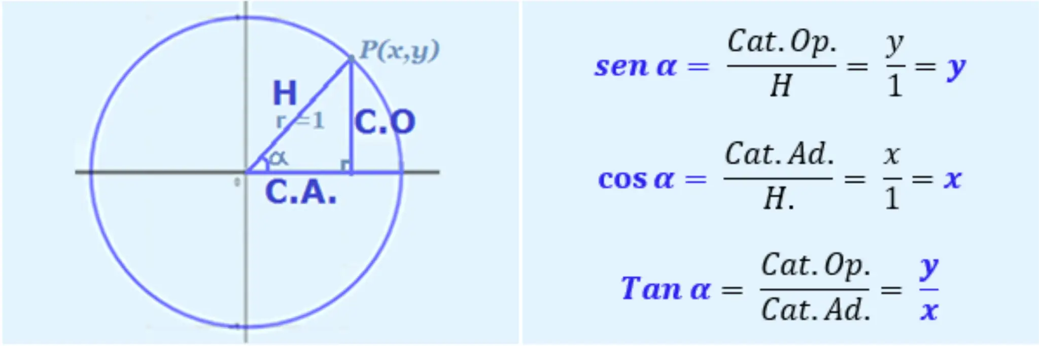 C&iacute;rculo unitario con tri&aacute;ngulo rect&aacute;ngulo. Muestra la derivada de seno como Cat. Op./H = y/1 = y.