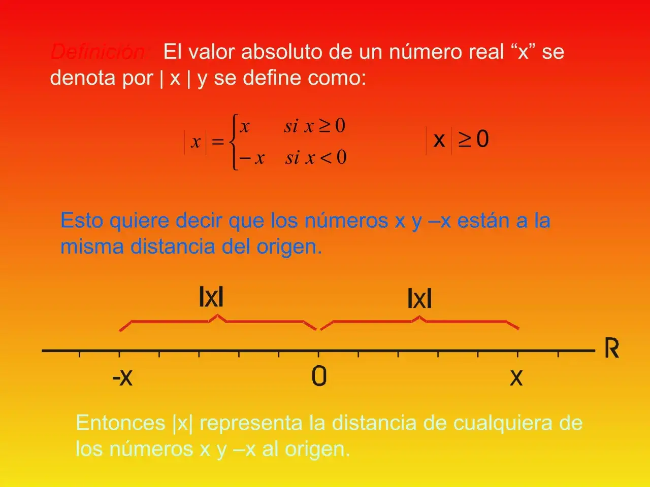 Definici&oacute;n de valor absoluto: |x| es x si x&ge;0, -x si x<0. Ilustra ecuaciones con valor absoluto mostrando la distancia al origen.