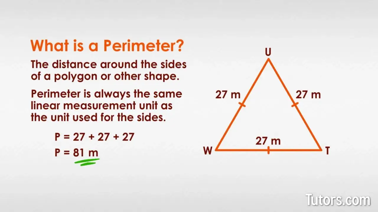 Tri&aacute;ngulo equil&aacute;tero con lados de 27 m. La f&oacute;rmula para el per&iacute;metro es P = 27 + 27 + 27 = 81 m.