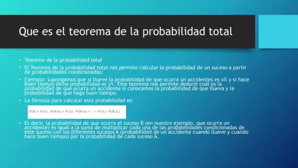 El teorema de la probabilidad total explica cómo calcular la probabilidad de un evento basándose en probabilidades condicionadas, como la probabilidad de un accidente con lluvia o buen tiempo.